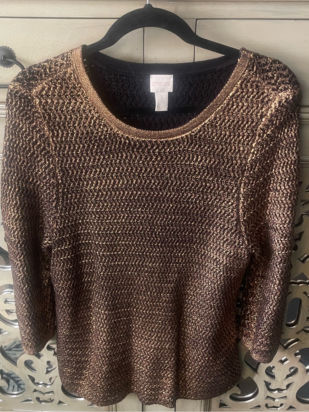 Chico's Bronze Metallic Open-Weave Crew Sweater